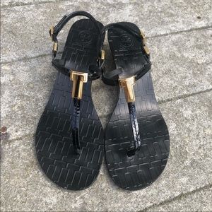 Tory Burch Pauline Cork Wedge Sandals Black Gold 9